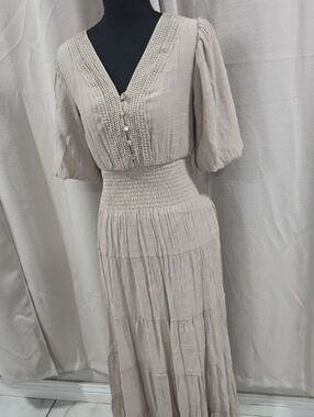 Smocked Waist Maxi Dress with Lace-Trim V-Neck — Cream